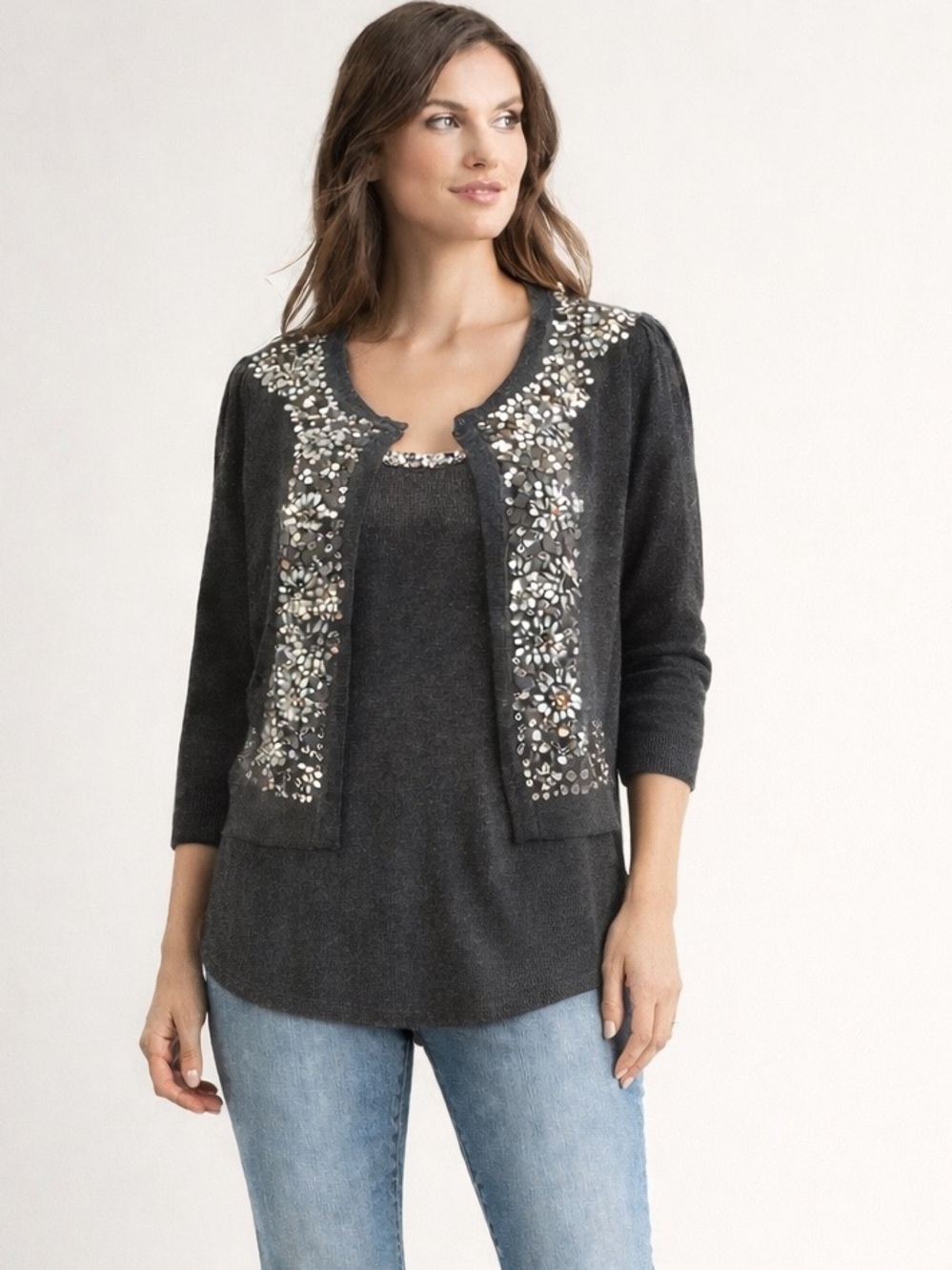 INC sz P/L cropped sweater sequins w matching grey sweater tank top lightweight